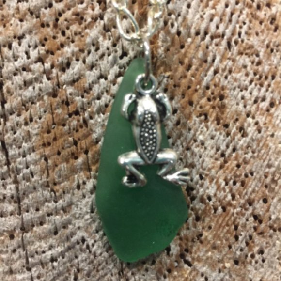 Authentic Green Sea Glass Pendant with Frog Charm 22" 925 Sterling Silver Chain - Picture 2 of 4